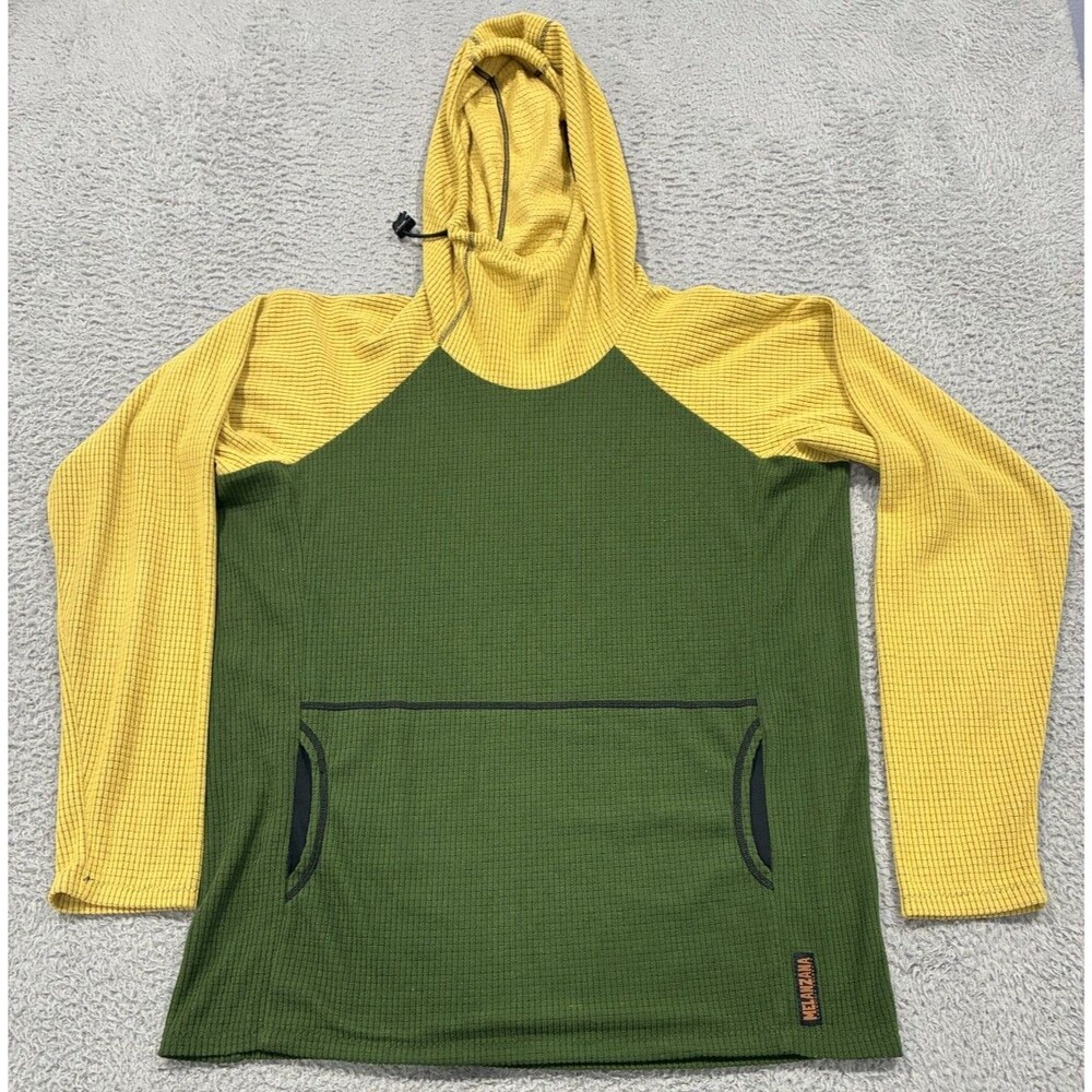 Melanzana Hoodie Mens Large Green Yellow Micro Grid Fleece Made in USA